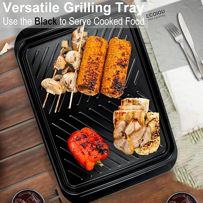 Grilling Prep and Serving Tray with Lid, Bamboo BBQ Deep Trays for Marinating Raw and Cooked Food, Melamine Serving Trays for Food, Black and Red