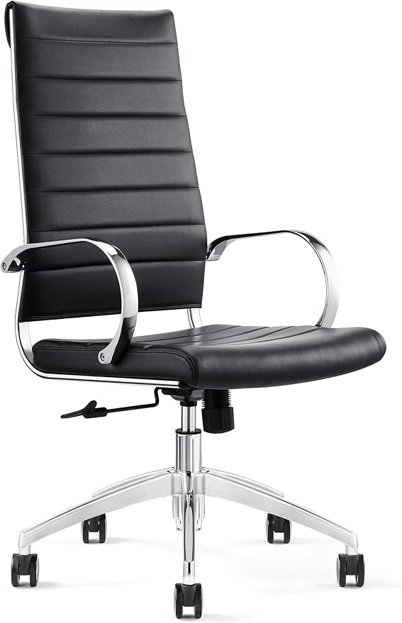 Ribbed High Back Conference Room Chairs - Lumbar Support, Modern Style Executive Chair for Home and Office - 360 Swivel Rolling Wheels - Aluminum Chrome Frame & Base - Black (Pack of 1)