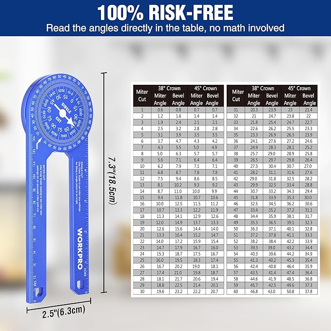 WORKPRO Aluminum Miter Saw Protractor, 7.3 Inch Angle Finder Featuring Precision Laser Engraved Scales for Inside and Outside Corner, Carpenters, Plumbers and All Building Trades, 360° Rotation, Blue