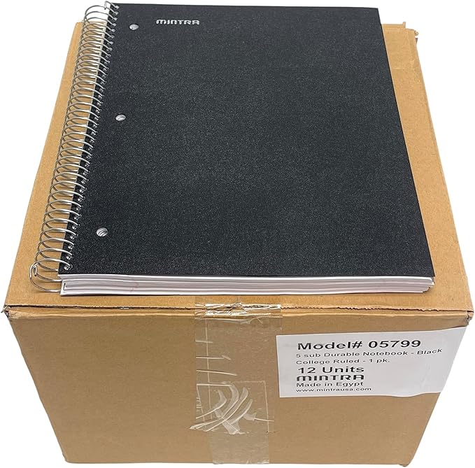 Mintra Office Durable Spiral Notebooks, 5 Subject (Black, College Ruled 12pk)