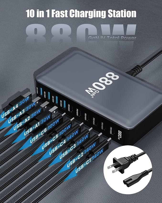 880W USB C Charger Block,8-Port USB C Charging Station GaN IV Travel Essentials Multiple Port Charging Station,100W Laptop Fast Charger Adapter for MacBook Pro/Air,DELL,iPad,iPhone,Samsung Galaxy