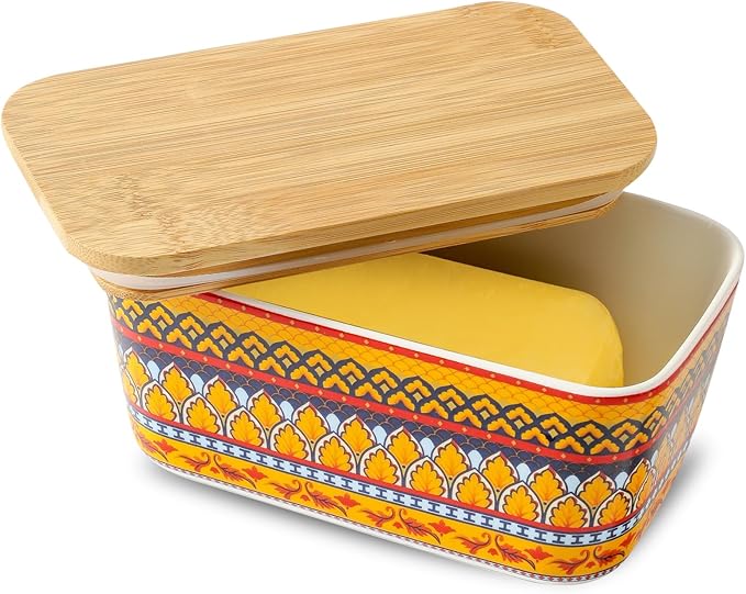 Hasense Bohemian Butter Dish, Farmhouse Ceramic Butter Dish with Lid for Fridge, Butter Container Holder with Cover or Fridge,Silicone Sealing, Holds Two Sticks of Butter, Yellow