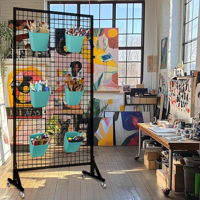 G.CORE Large Grid Wall Bins - 6Pack Green Gridwall Accessories Hanging Cups with Back Hooks - Plastic Grid Wall Panels Organizers Wire Shelves Holders for Garage Garden Craft Office Tools Storage