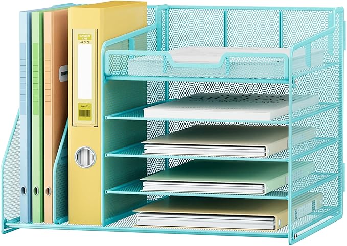 Lavatino 5-Tier Desk Organizer with 2 File Holders, Metal Adjustable Paper Letter Tray for Office or Home Desk Organizers and Accessories | 7 Flexible Dividers Keep Workspace Supplies Neat, Blue