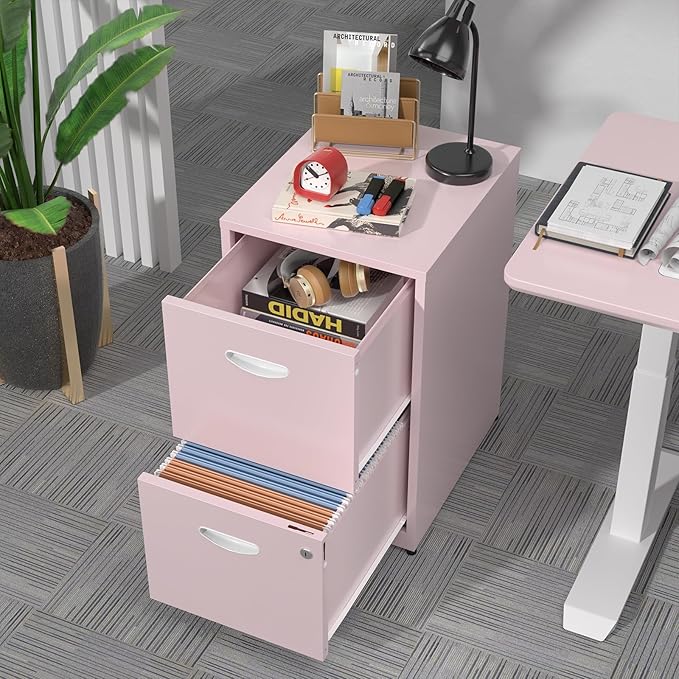 2 Drawer File Cabinet with Lock, Metal Vertical File Cabinets, 18"D Pink Storage Filing Cabinet for Home Office, Steel Light Duty Locked 2 drawer File Cabinets for Letter Size Files,Assembly Required