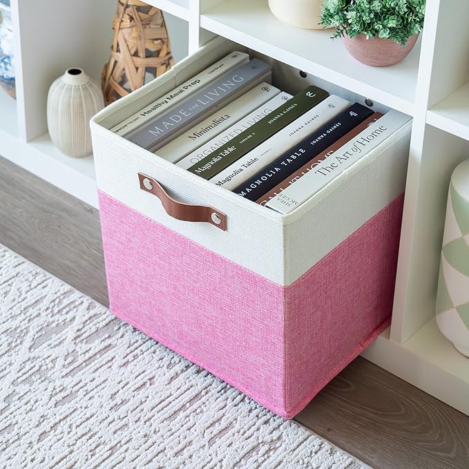 OrganiHaus 12" x 12" x 12" Fabric Cube Storage Bins - Set of 4, Cube Fabric Organizer Bins with Vegan Handles, Kallax Storage Cubes, 12 Inch Cubic Baskets for Shelves - Pink/White