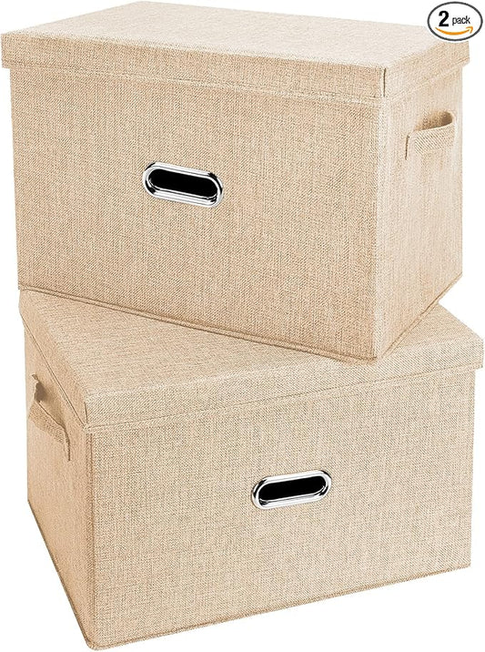 Large Linen Fabric Foldable Storage Bins with Removable Lid and Handles, Washable Storage Box Organizer Containers Baskets Cube with Cover for Bedroom,Office (Khaki, Extra Large(2-Pack))