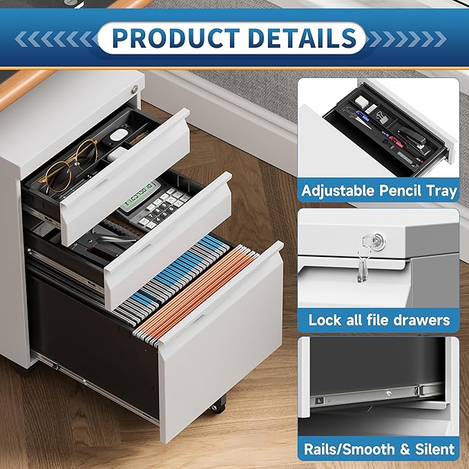 File Cabinet for Home Office,3 Drawers Mobile File Cabinets Rolling,Under Desk Metal Filing Cabinet, Small Mobile File Storage Cabinets for Legal/Letter/A4 -White/Assembly Required
