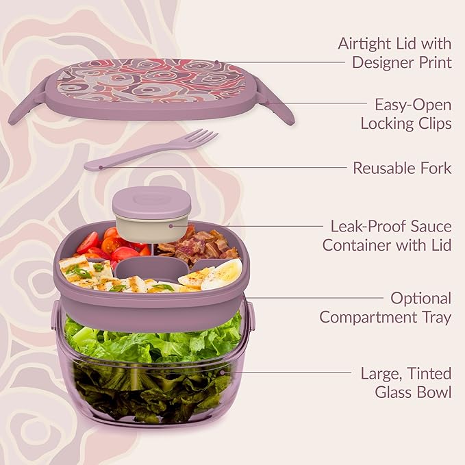 Bentgo Glass Prints All-in-One Salad Container - 61oz Tinted Glass Salad Bowl with Lid, Bento-Style Tray, Sauce Container, & Reusable Fork - Dishwasher & Microwave Safe (Floral Maximalist - Bouquet)