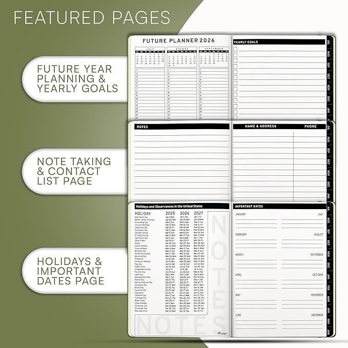 Ensight 2025-2026 HARDCOVER Leather Planner Weekly & Monthly - 6.5x8.5 Inches - Academic Planner Business Personal or Student - Pen Holder, Thick Paper, July 2025 - June 2026 (Olive Green)