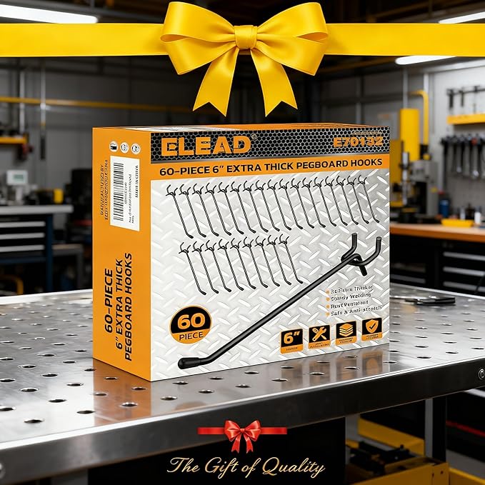 ELEAD 60-Piece 6 Inch Extra Thick Pegboard Hooks, Heavy Duty Peg Board Organizer Accessories, Peg Board Tool Hangers Fit for 1/4" Pegboard Hanging Tools Garage, Workshop, and Craft Storage