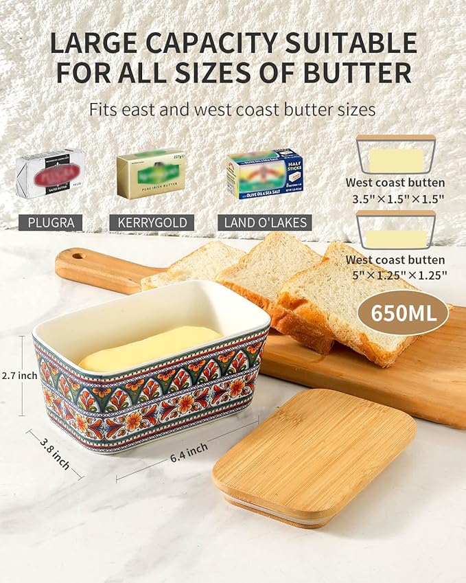 Hasense Bohemian Butter Dish, Farmhouse Ceramic Butter Dish with Lid for Fridge, Butter Container Holder with Cover or Fridge,Silicone Sealing, Holds Two Sticks of Butter, Green