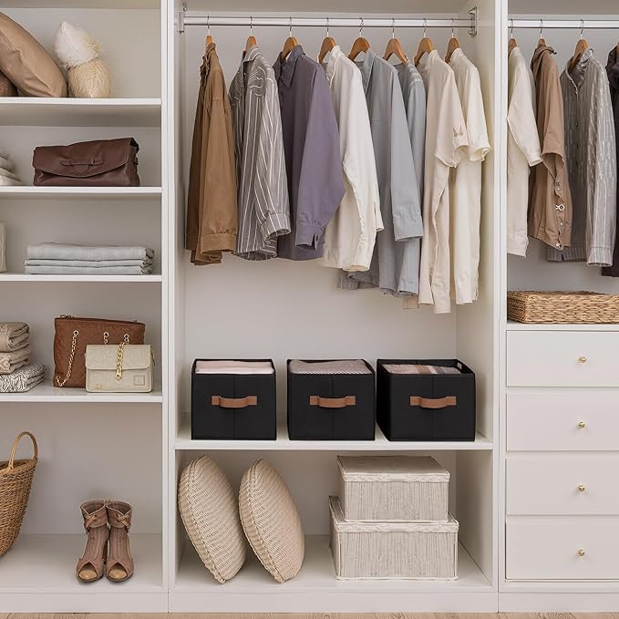 StorageWorks Storage Baskets for Shelves, Foldable Fabric Closet Storage Bins with Handles, Clothes Organizer Laundry Baskets, Black, 3-Pack, Large