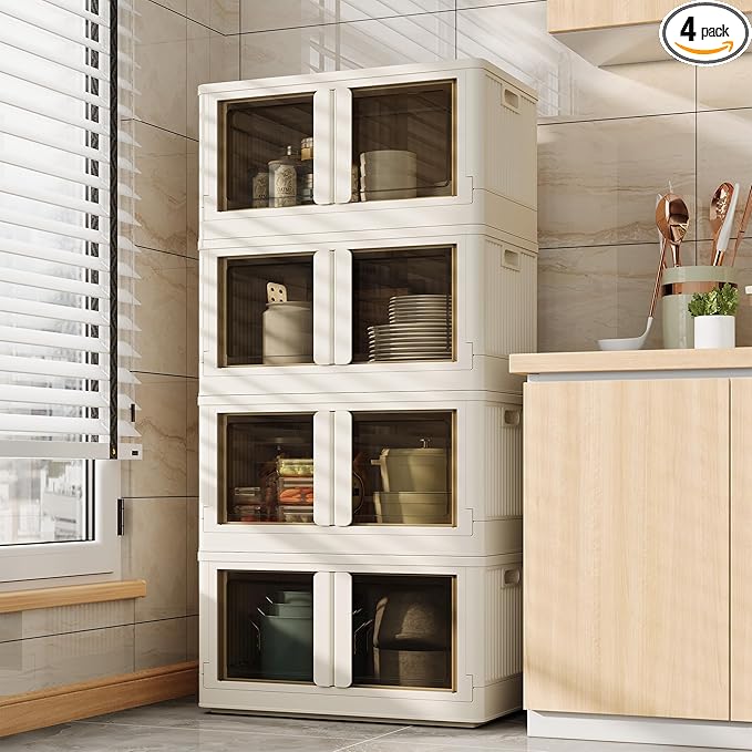 FLEXIMOUNTS 304 QT Stackable Storage Bins With Lids, Collapsible Plastic Storage Bins, Closet Organizers and Containers with Doors For Home and Built-in Wheels, 4 Pack Cubes, Milky White