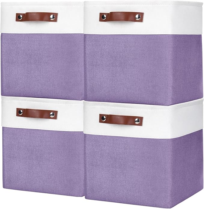 Collapsible Fabric Storage Cubes 11x11 Cube Storage Bins, 4 Pack Closet Baskets Box with Handles for Organizing, Shelf, Toys, Clothes, Home, Office, Nursery (Purple&White)