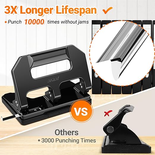 3 Hole Punch Heavy Duty, AFMAT 3 Hole Puncher for Binder, 10000+ Punching Times, 40-Sheet Three Hole Punch, Metal Hole Puncher 3 Ring, 50% Reduced Effort, Bulit-in S.S. Paper Guide, Last for Years