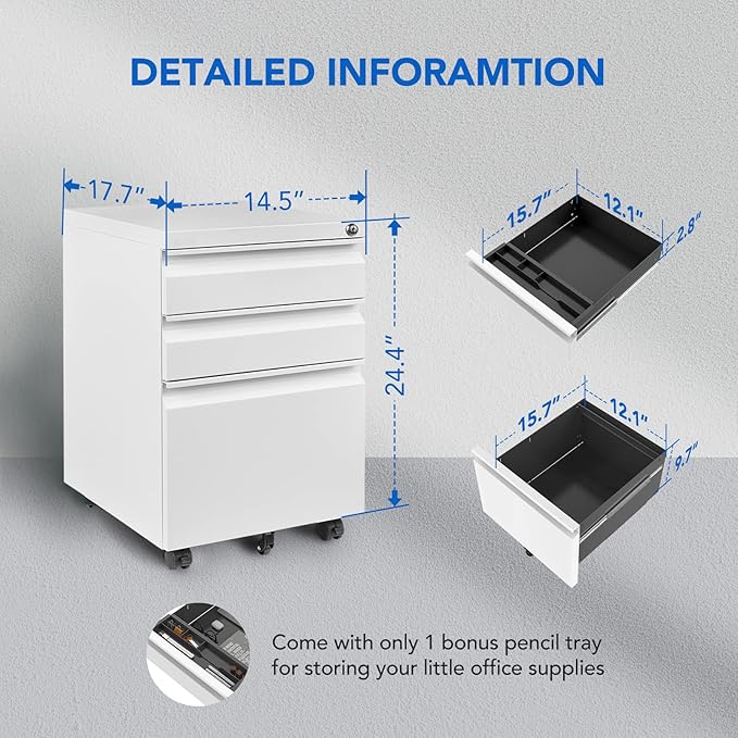 FLEXISPOT Mobile File Cabinet for Home Office Under Desk Storage with Lock Keys 3 Drawer File Cabinet for Legal/Letter/A4 File, White