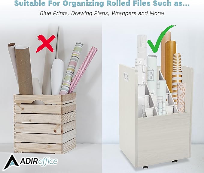 AdirOffice Adir Blue Print Storage Organizer - Mobile Roll File Cart, Construction Plan Holders, Blueprint Cabinet with Wheels, Roll Files Storage for Office and Home (20 Slots, White)