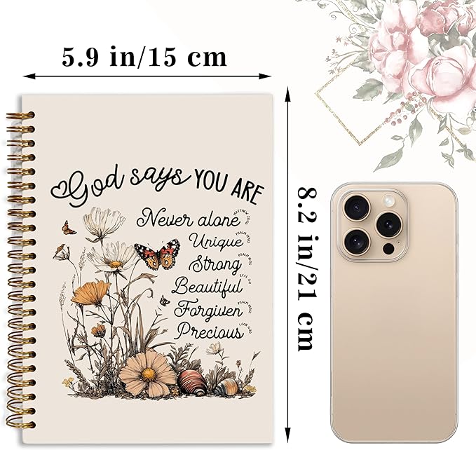 Bible Notebook, A5 Spiral Christian Journal with Floral Notebook, Bible Verse-God Says You Are, Inspirational Notebooks for Women, Bible Study, Gift for Birthday Christmas
