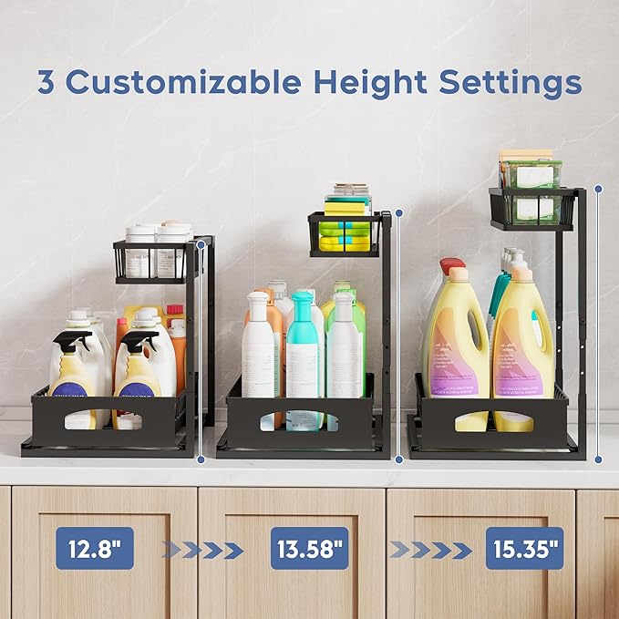 Under Sink Organizer , 2 Pack Height Adjustable Cabinet Organizer with Slide Out Drawer, Pull Out Under Sink Storage, Multi-Purpose 2 Tier Sink Shelves for Kitchen Bathroom Pantry (Black, 2 Pack)