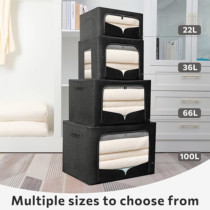 FHSQX 3 Pack Clothes Storage Bins Foldable Metal Frame Storage Box Stackable Linen Fabric Organizer Set with Carrying Handles and Clear Window (Black, 15.7x11.8x7.8inch(22L))
