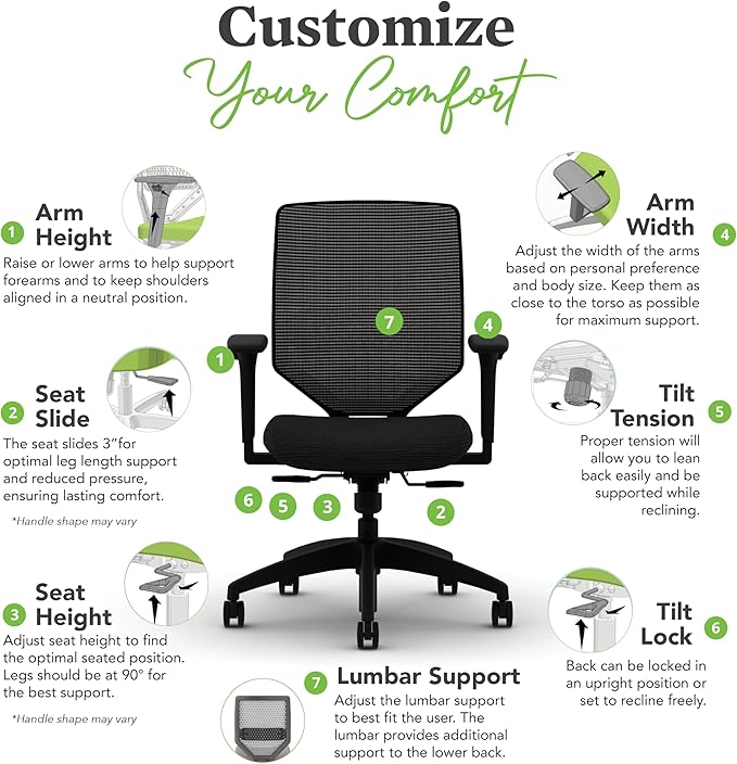 HON Solve Task Chair, Ergonomic Office Chair Mesh Back Support, Adjustable Lumbar, with Wheels, Height-Adjustable Arms, for Computers, Desks, Home Office, Black