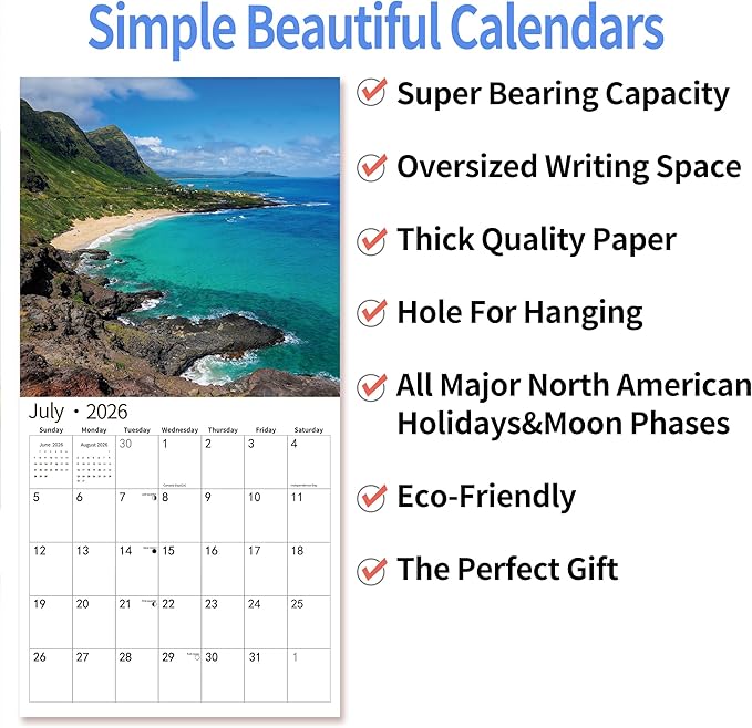 2026 Wall Calendar,Calendar 2026, July 2025 - December 2026, Wall Calendar Wild & Scenic Hawaii, 12" x 24" Opened,Full Page Months Thick & Sturdy Paper for Calendar Organizing & Planning