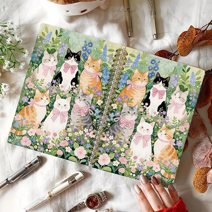 LIANHW Coquette Cute Pink Bow Cats Notebook for Women Girls, Cute Preppy Aesthetic School Supplies, Cat Lover Gifts, Coquette Pink Bow Hardcover Lined Notebook 5.5 x 8.3