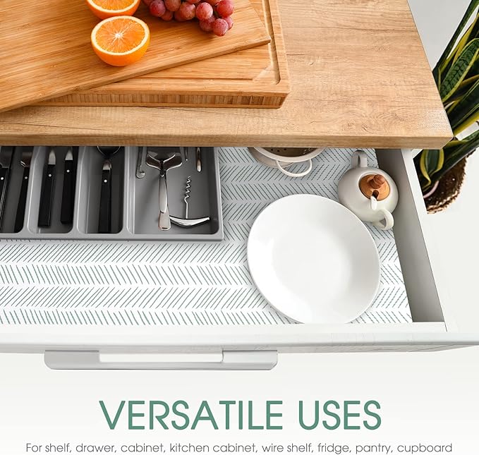 Glotoch Shelf Liners for Kitchen Cabinets Non-Adhesive,12in x 20FT Non Slip Shelf Liner Waterproof Contact Paper for Cabinets and Drawers,Pantry, EVA Wire Shelf Liners,White and Green Herringbone