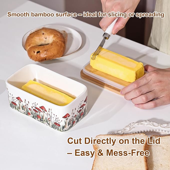 Fungi Fun Ceramic Mushroom Butter Dish with Lid and Knife, Cute Butter Dish for Countertop and Fridge, Ceramic Container for Countertop with Lid and Selicon Seal, Ideal for Mushroom Kitchen Decor