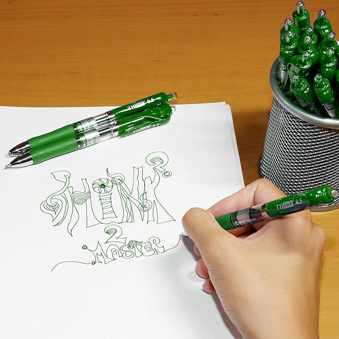 THINK2MASTER [24 Pens - Green Ink] Think2 Retractable Gel Pens. (24 Green) Fine Point (0.5mm) Rollerball Pens with Comfort Grip.