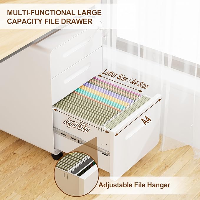 3 Drawer File Cabinet with Lock and 4 Keys, Mobile Metal Filing Cabinet, File Cabinets for Home Office, Under Desk, Pre-Assembly, File Drawer, Letter/Legal/A4 Hanging File Folders