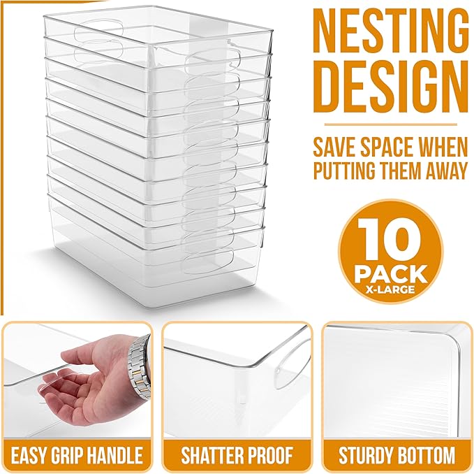 Sorbus XL Clear Plastic Storage Bins for Shelves, Clothes, with Handle - Clear Storage Bins, Drawer, Shelf, Closet, Pantry, Fridge, Freezer Organizer Bins, Closet Organizers and Storage (10 pack)