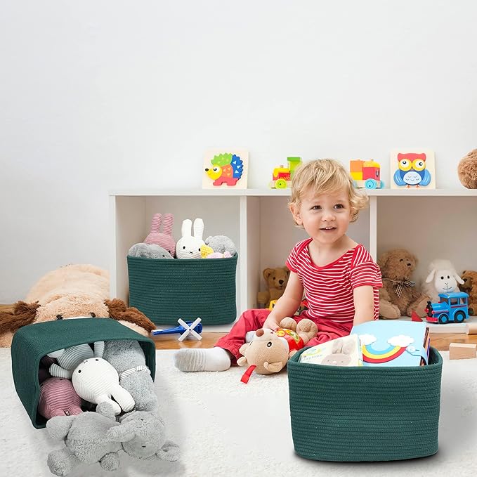 Cotton Rope storage Basket Bins15X10X9.3“ Basket for Organizing Shelves Rectangle Decorative Baskets For storage Clothes Toys Books Towels Square Wicker Nursery basket organizer 3 pack Dark green