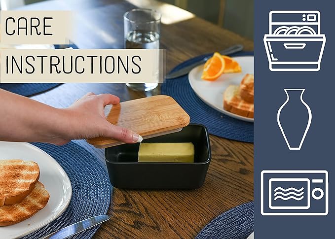 Nat & Jules Ceramic Stoneware 1/2 Pound, 2 Sticks Butter Dish with Airtight Bamboo Lid, Kitchen Accessory, Container Holder, Refrigerator Storage and Countertop Organization, Matte Black