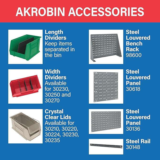 Akro-Mils 30240 AkroBins Plastic Storage Bins, Space-Saving Stackable Bins for Garage, Pantry, Craft Organization, 15" x 8" x 7", Black, 12-Pack