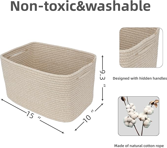 Rope storage Basket Bins Woven Basket for Organizing Shelves 15X10X9.3" Rectangle Decorative Baskets For storage Clothes Toys Books Towels Nursery basket organizer 3 pack Oatmeal