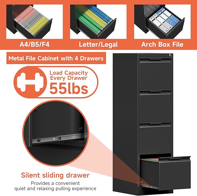 4 Drawer File Cabinet with Lock,17.8" Deep Vertical Metal Filing Cabinet for Home Office,Locking Drawer Tall for Hanging Letter/A4/Legal Folders, Easy Assemble-Black