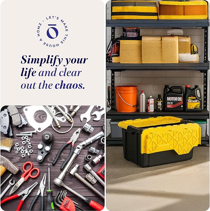 HOMZ 6-Pack Durabilt Tote, Heavy Duty Plastic Storage Bins with Lids, 15 Gallon, Black/Yellow - Stackable Organizing Containers for Home, Garage, and Office