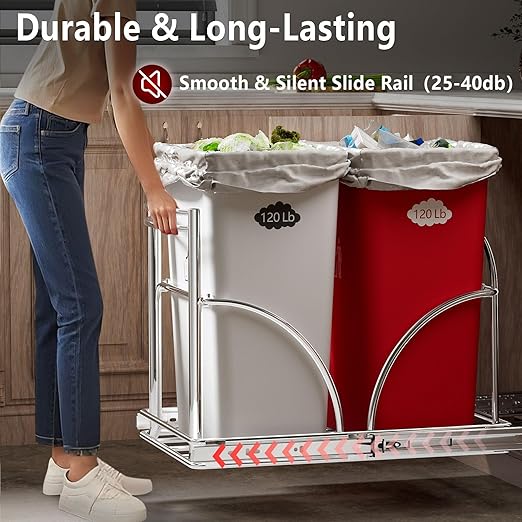 Dual Under Sink Trash Can Heavy Duty Pull Out Trash Can Under Cabinet, Fits 2x35Qt (7-9 Gal) Commercial Trash Cans Cabinet Trash Bin Pull Out Kit Requires ≥ 22''Dx 16''Wx 17''H, No Can (Silver)