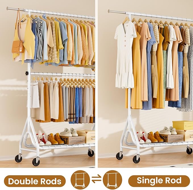 Double Rods Clothing Rack, Heavy Duty Clothes Rack for Hanging Clothes Load 560LBS, Metal Rolling Garment Racks with Wheels, Freestanding Clothes Hanging Racks, White