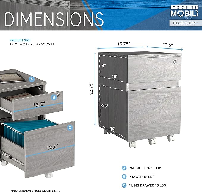 Techni Mobili Rolling Lock and Storage 2 Drawer Vertical Filing Cabinet, 15.75" L x 17.75" W x 23" H,Grey