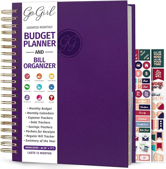 GoGirl Budget Planner & Monthly Bill Organizer – Monthly Financial Book with Pockets. Expense Tracker Notebook Journal, Large (Purple)