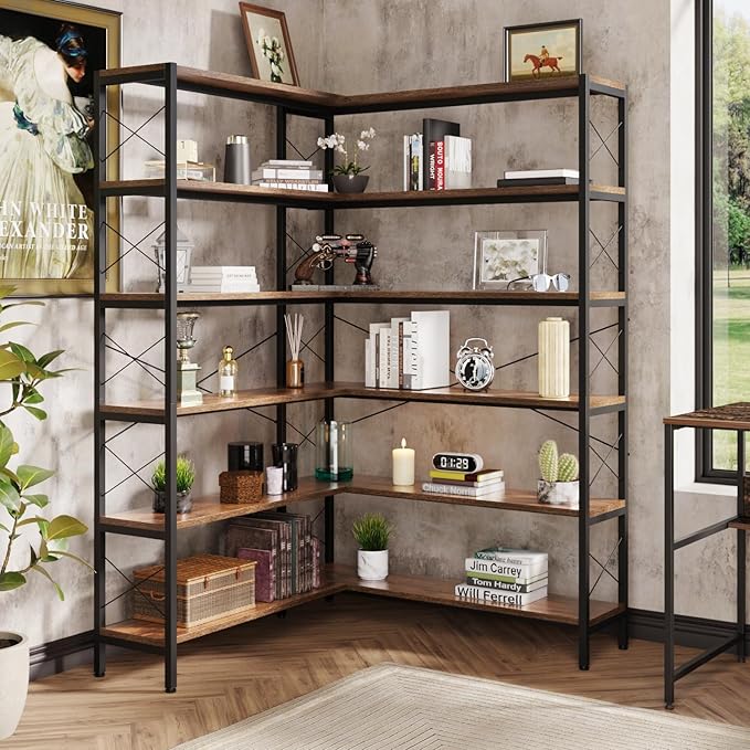 6-Shelf Corner Bookshelf, Vintage Industrial L Shaped Bookshelf Etagere Bookcase, Corner Shelf with Metal Frame Open Storage Rack Corner Book Shelf for Home Office Living Room (Retro Brown)