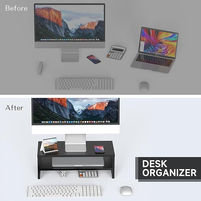 FITUEYES Monitor Stand - 2 Tier Computer Monitor Riser Shelf, Wood Desktop Stand for Laptop Computer Screen, Desk Organization, Office Supplies