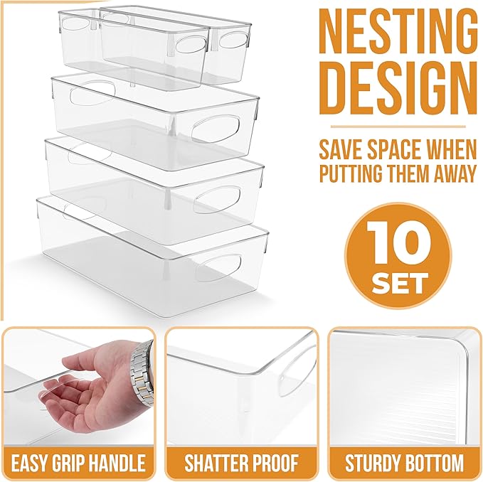Sorbus Clear Plastic Storage Bins for Organizing, 10 Pack Clear Organizer Bins with Handles, Plastic Storage Bins for Closet, Pantry, Fridge, Medicine Cabinet Organizer, Shelves, Freezer, Drawer