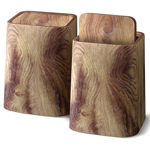 Wood Grain Plastic Trash Can Swing Top Lid, 4Gal/15L Farmhouse Wastebasket Bin Retro Style with Inner Bucket, Bathroom Trash Can Hidden Bag for Room Aesthetic, Square Brown Garbage Can 2pack