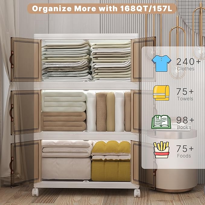 Extra Large Stackable Storage Bins with Lids & Wheels, Foldable Collapsible Closet Organizers Storage Cabinet with Doors for Bedroom Dorm (White, 504QT-168QT/42GAL*3Pack)