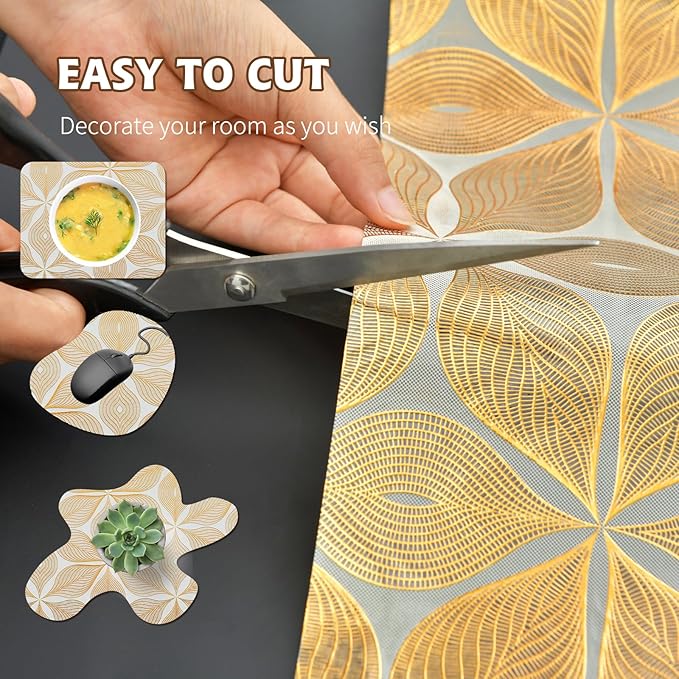 Drawer and Shelf Liner for Kitchen Cabinet,Non-Adhesive Waterproof Drawer Liner for Dresser & Bathroom Vanities with Adhesive Dots & Cutting Tool(24 in X 20 Ft Gold Leaf Pattern)