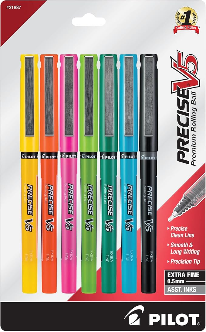 Pilot, Precise V5, Capped Liquid Ink Rolling Ball Pens, Extra Fine Point 0.5 mm, Assorted Colors, Pack of 7